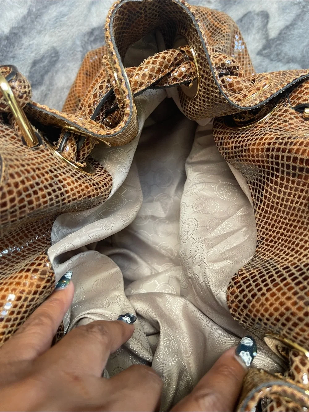 Michael Kors Brown Snakeskin-Effect Braided-Handle Shoulder Bag